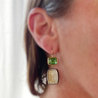 Apple Green Tourmaline and Montana Agate Earrings with Antique Chinese Mother of Pearl Gaming Token